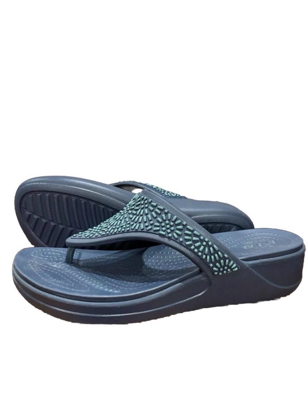 Like New Crocs Women’s Navy Flip Flop Sandals with turquoise Beaded Detail